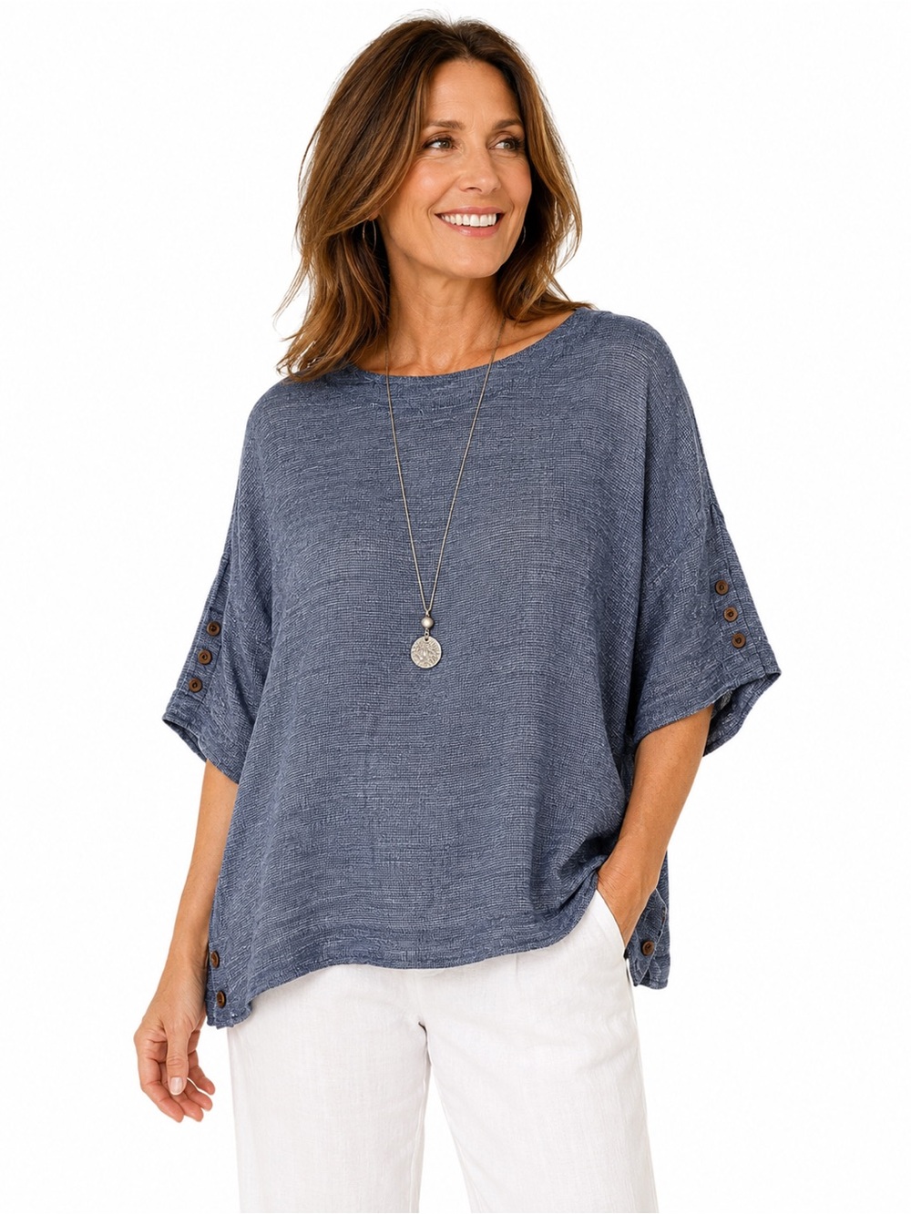 Simply Noelle Blue Button-Detail Relaxed Tunic